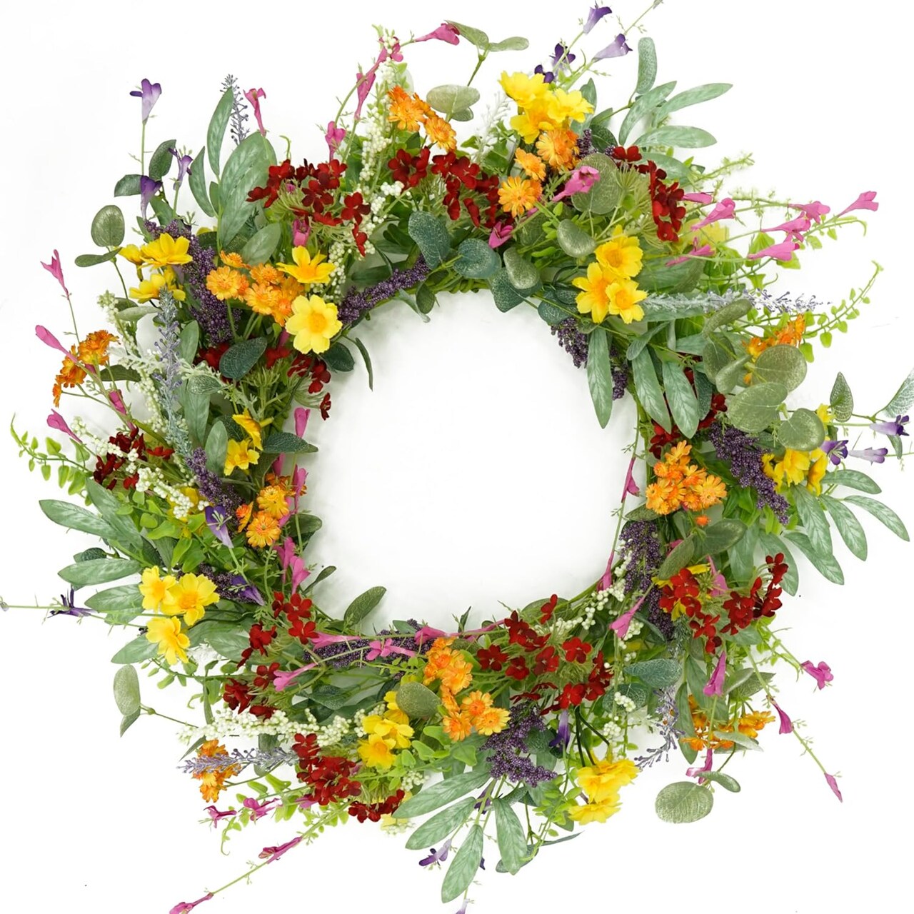 Artificial Spring Summer Wreath for Front Door Yellow Daisy Wreath with Olive Leaf,Eucalyptus Leaves for Front Door Indoor Outdoor Wall Porch Farmhouse Home Decor